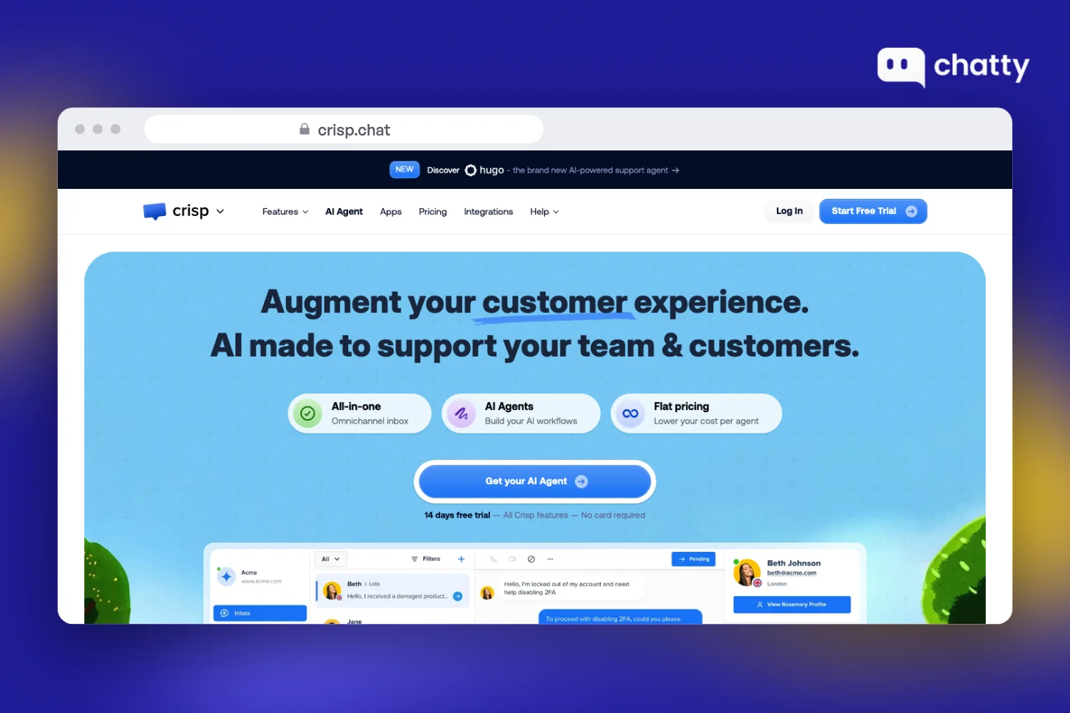 Homepage of Crisp at crisp.chat, a customer messaging platform with live chat and AI chatbot