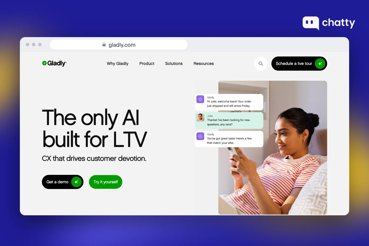 Homepage of Gladly at gladly.com, an AI-powered customer service platform for retail brands