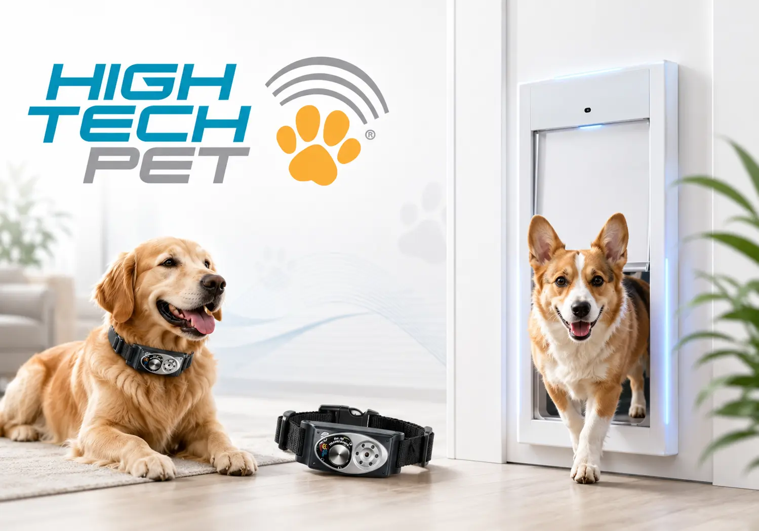 High Tech Pet Power Pet automatic pet door with a corgi walking through, a golden retriever, and a collar trigger