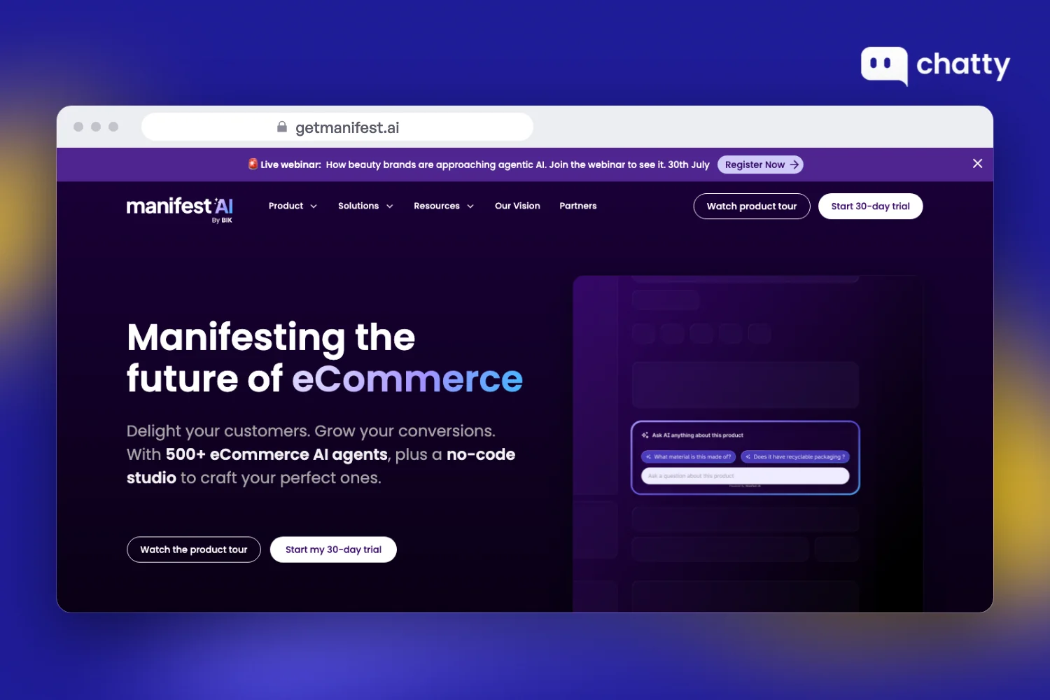 Homepage of Manifest AI at getmanifest.ai, an AI shopping assistant for ecommerce brands