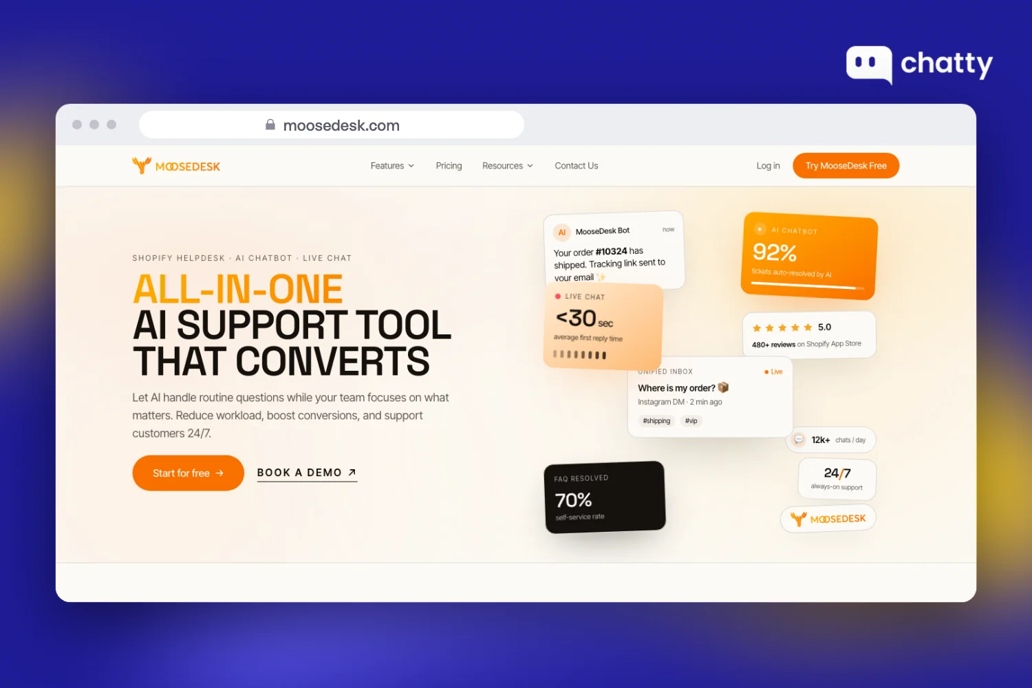 Homepage of MooseDesk at moosedesk.com, an all-in-one AI support platform for Shopify