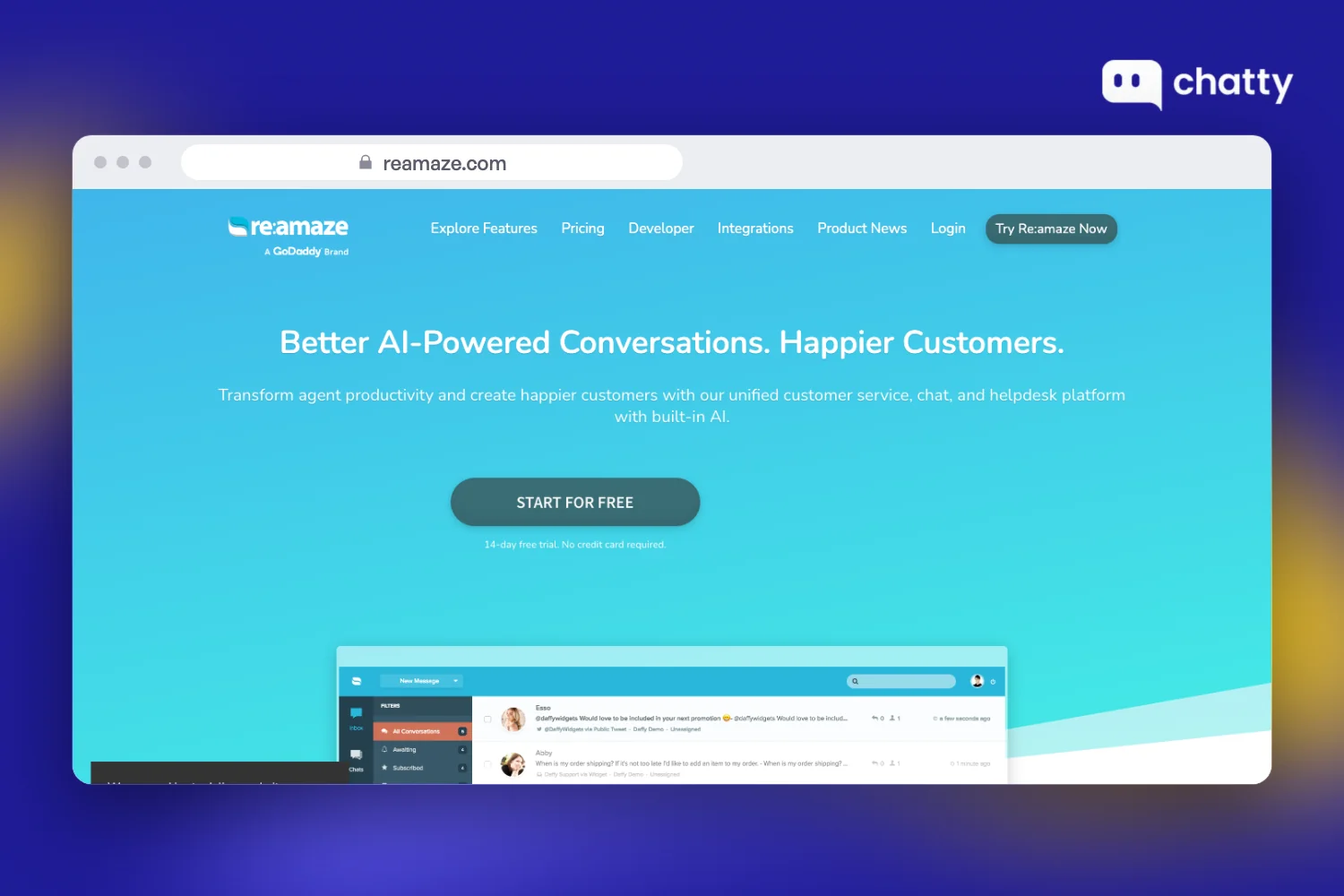 Homepage of Re:amaze at reamaze.com, a live chat and helpdesk platform for online stores