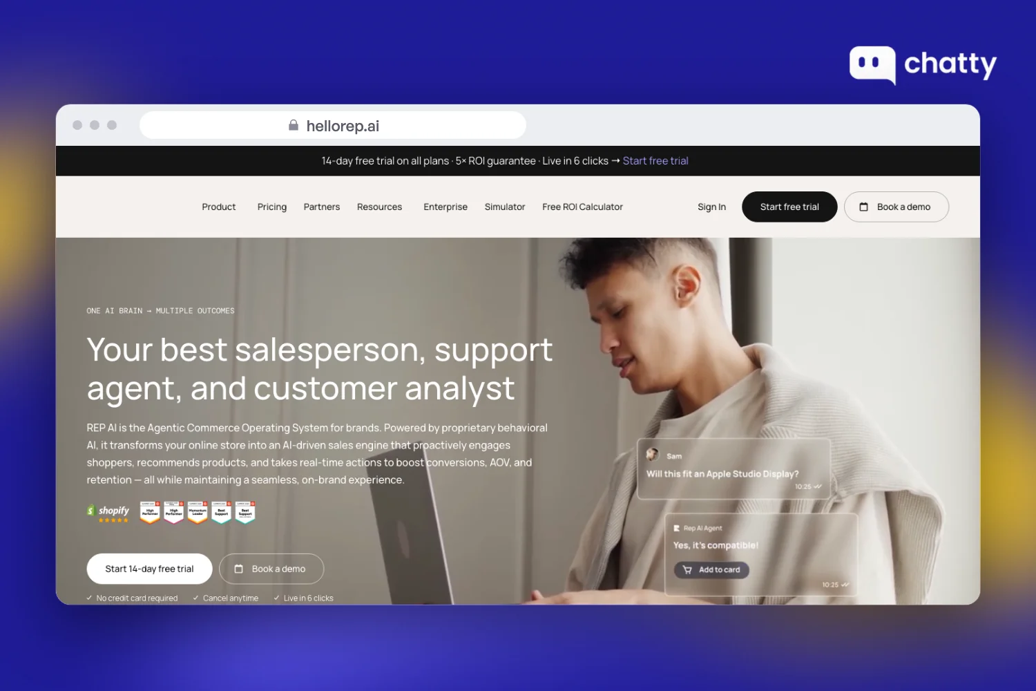 Homepage of Rep AI at hellorep.ai, an agentic commerce platform for Shopify brands