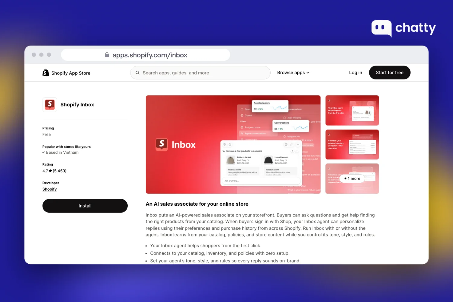 Shopify App Store listing for Shopify Inbox, a free first-party AI sales associate