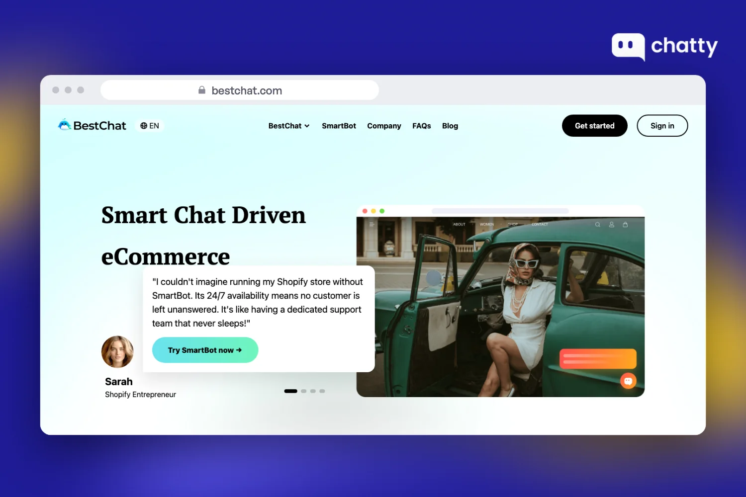 Homepage of BestChat at bestchat.com, the maker of the SmartBot AI chatbot for Shopify