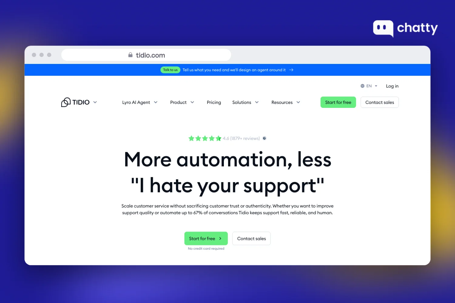 Homepage of Tidio at tidio.com, showing its Lyro AI customer service agent