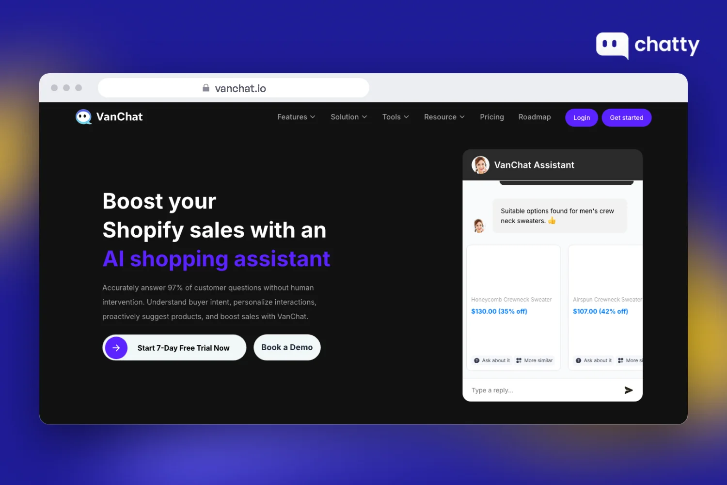 Homepage of VanChat at vanchat.io, an AI shopping assistant for Shopify