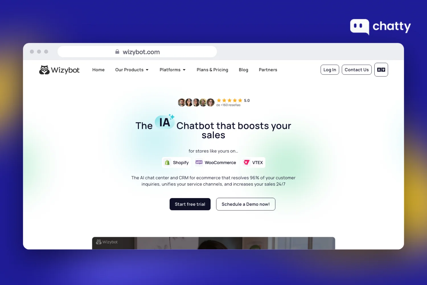 Homepage of Wizybot at wizybot.com, an AI chatbot and CRM for Shopify