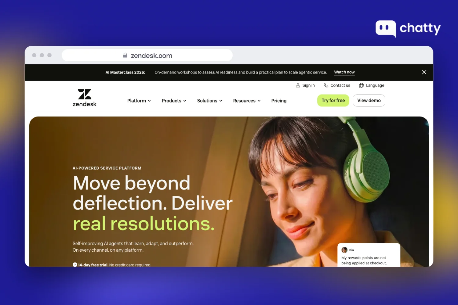Homepage of Zendesk at zendesk.com, a customer service and support platform