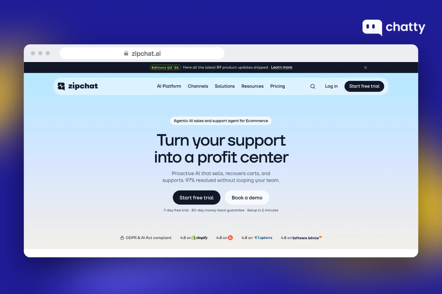 Homepage of Zipchat at zipchat.ai, an AI chat agent for Shopify stores