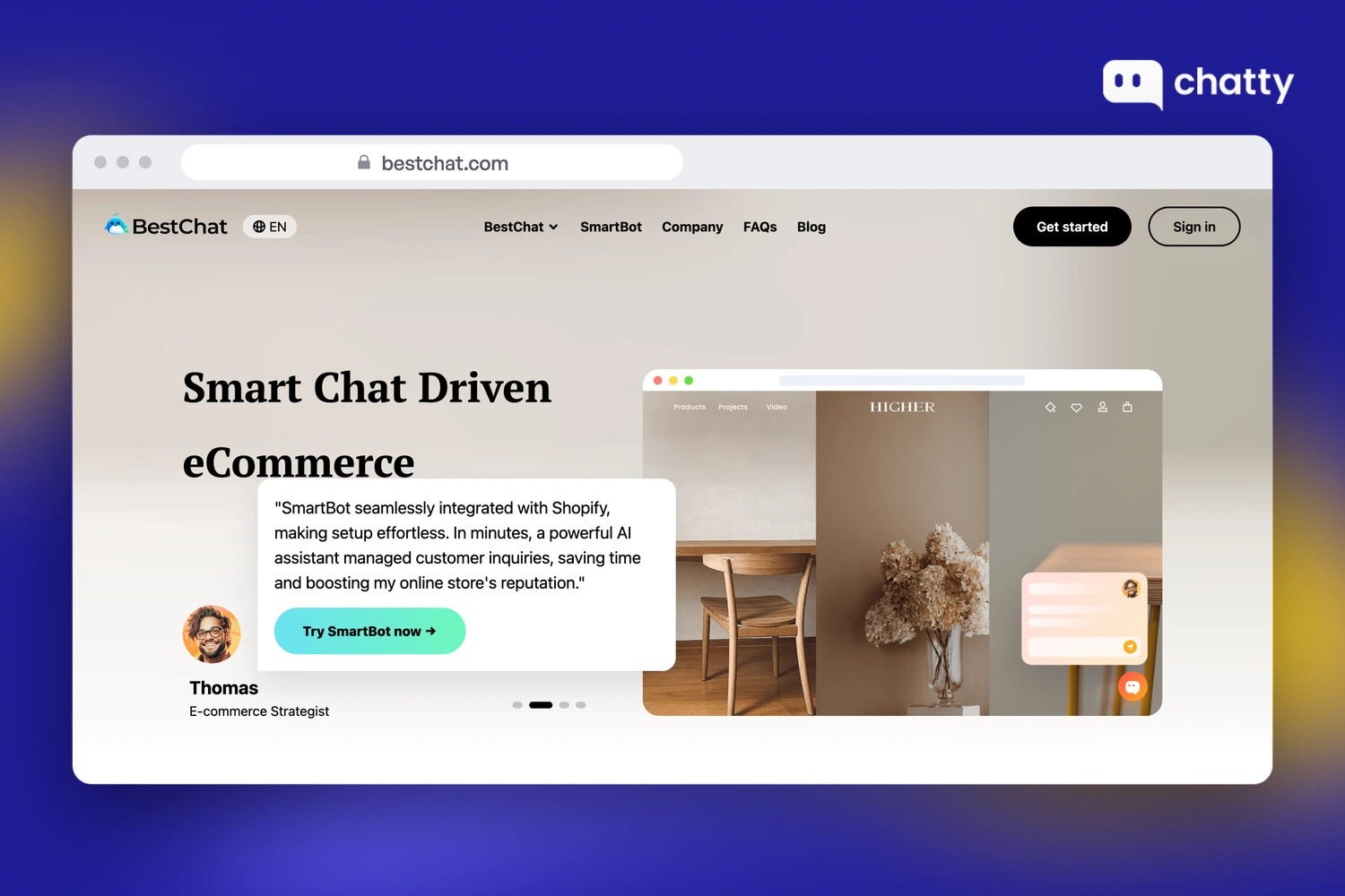 Homepage of BestChat at bestchat.com, an AI-powered live chat and chatbot for ecommerce websites