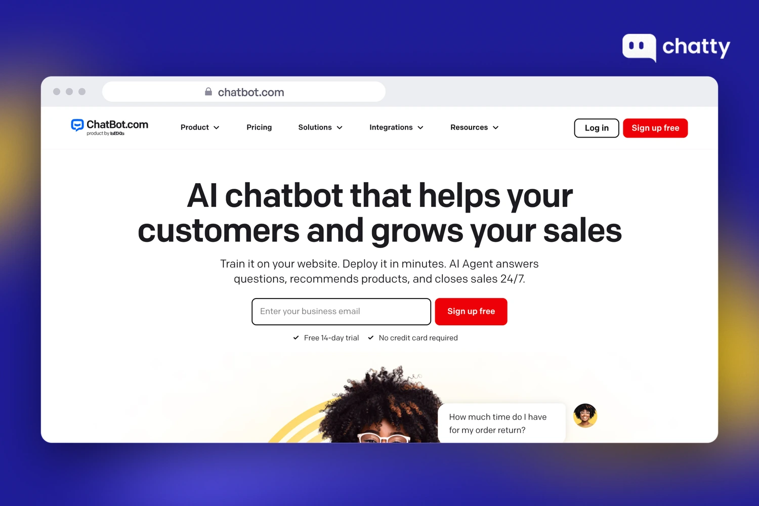 Homepage of ChatBot at chatbot.com, an AI chatbot sold by Text, Inc., the company behind LiveChat