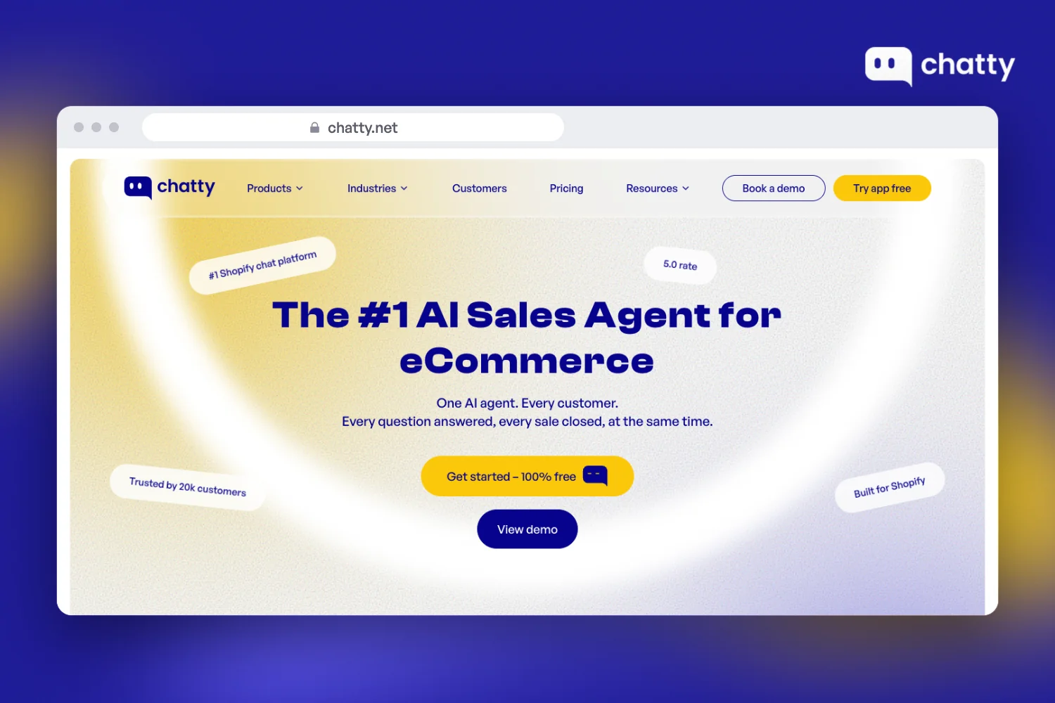 Homepage of Chatty at chatty.net, an AI-first chat platform built for eCommerce sales