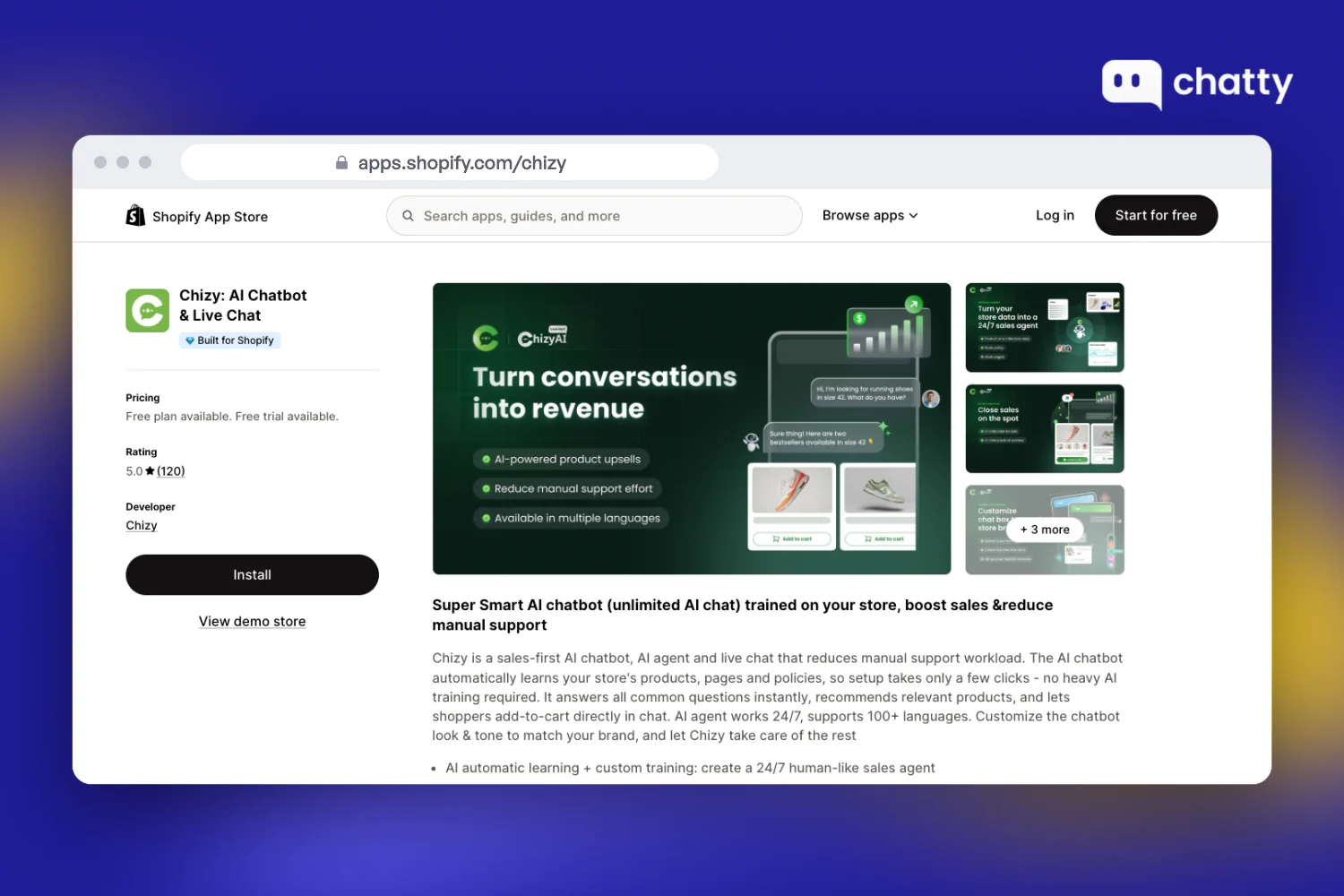 Shopify App Store listing for Chizy, an AI chatbot and live chat app launched in September 2025