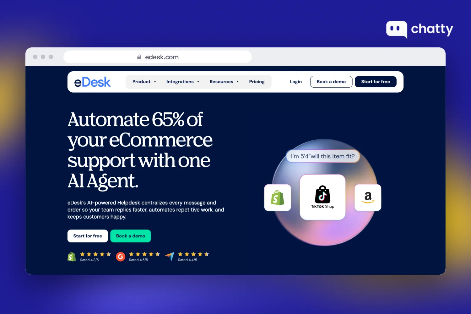 Homepage of eDesk at edesk.com, an ecommerce helpdesk built for marketplace sellers