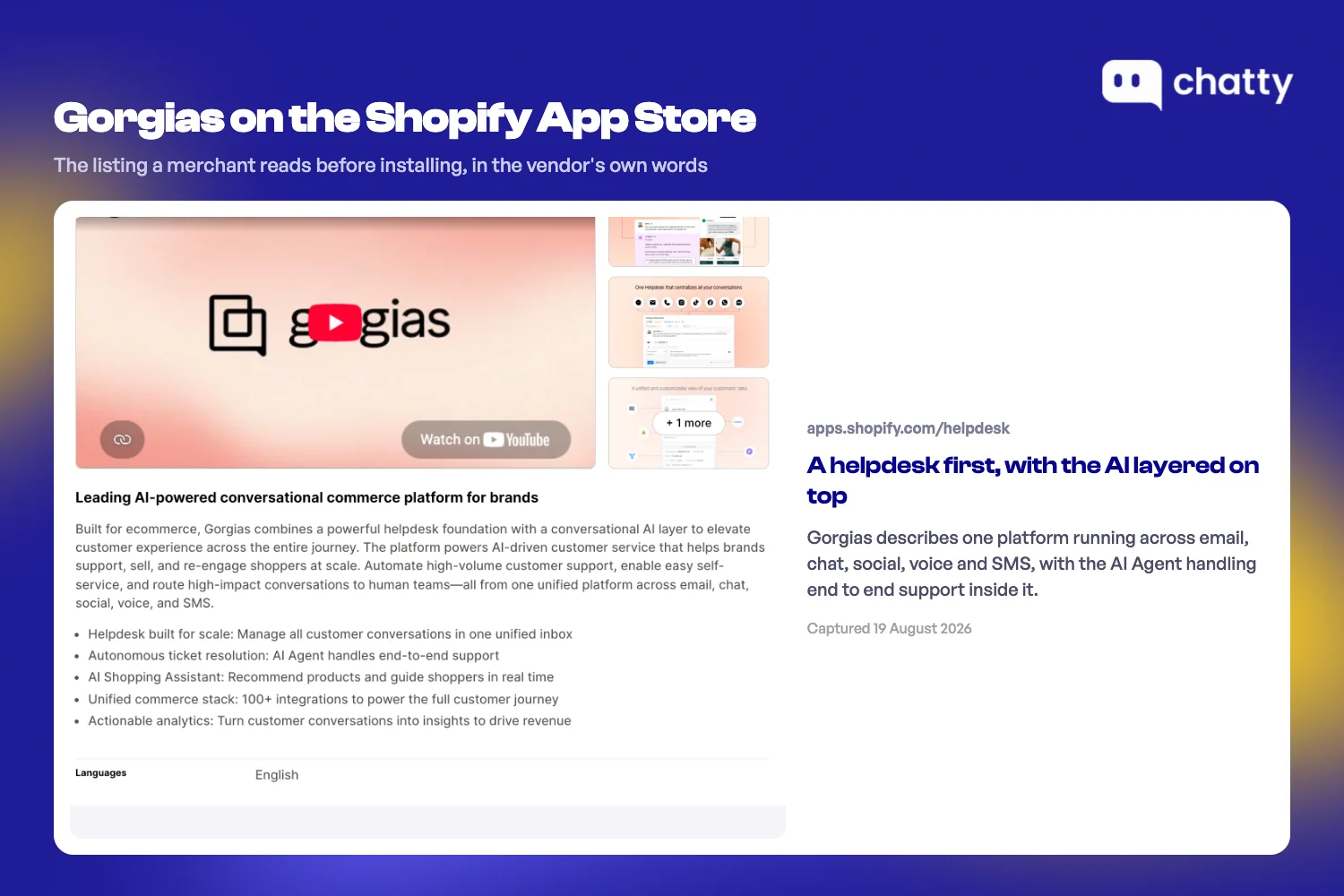 The Gorgias listing on the Shopify App Store, showing the helpdesk channels and the support scope it documents for merchants
