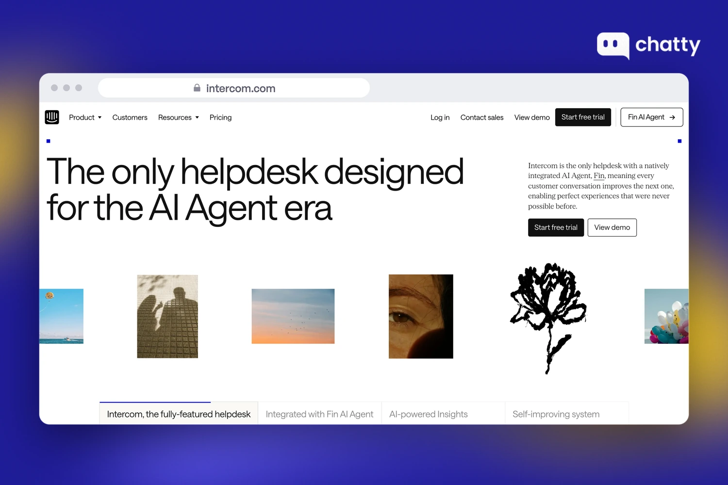 Homepage of Intercom at intercom.com, a helpdesk with the Fin AI agent billed per outcome