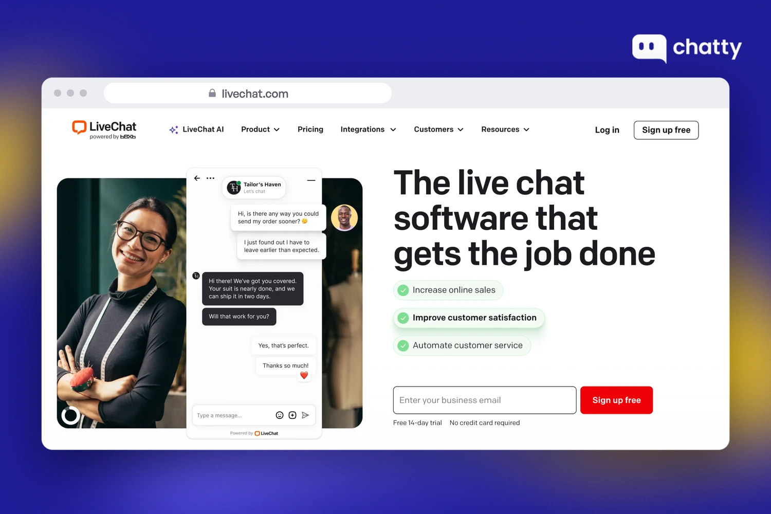 Homepage of LiveChat at livechat.com, a live chat and customer service platform with AI features