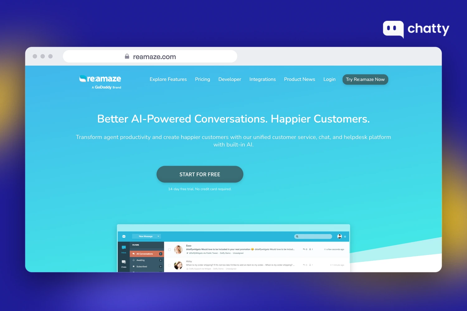 Homepage of Re:amaze at reamaze.com, an AI helpdesk and live chat platform for ecommerce