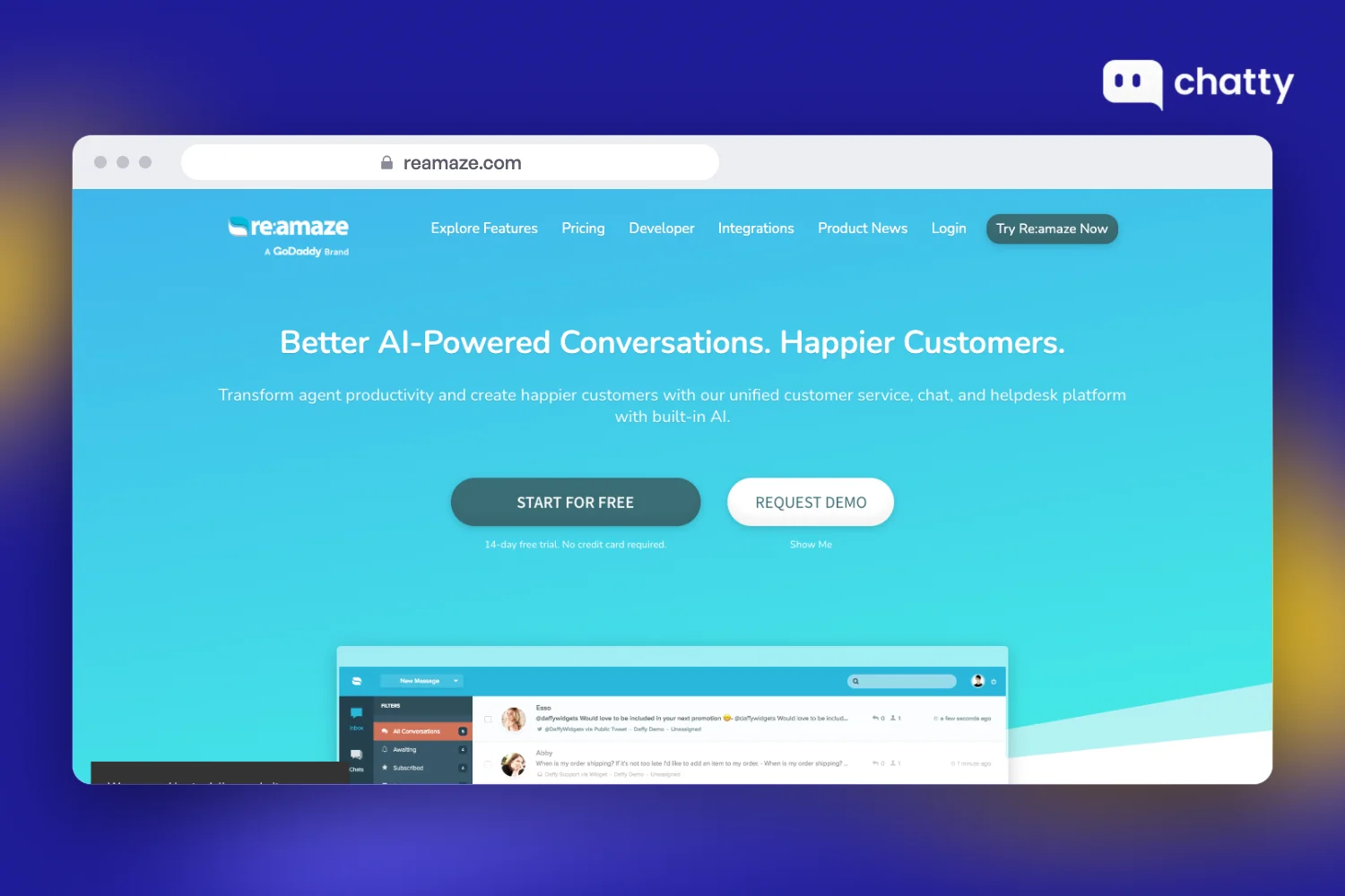 Homepage of Re:amaze at reamaze.com, an AI helpdesk and live chat platform for ecommerce