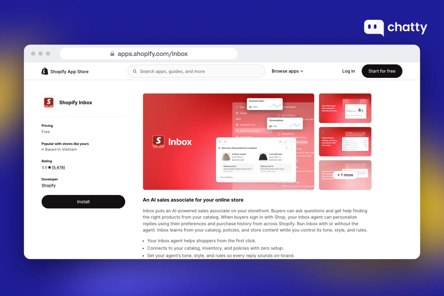 Shopify App Store listing for Shopify Inbox, a free first-party AI sales associate