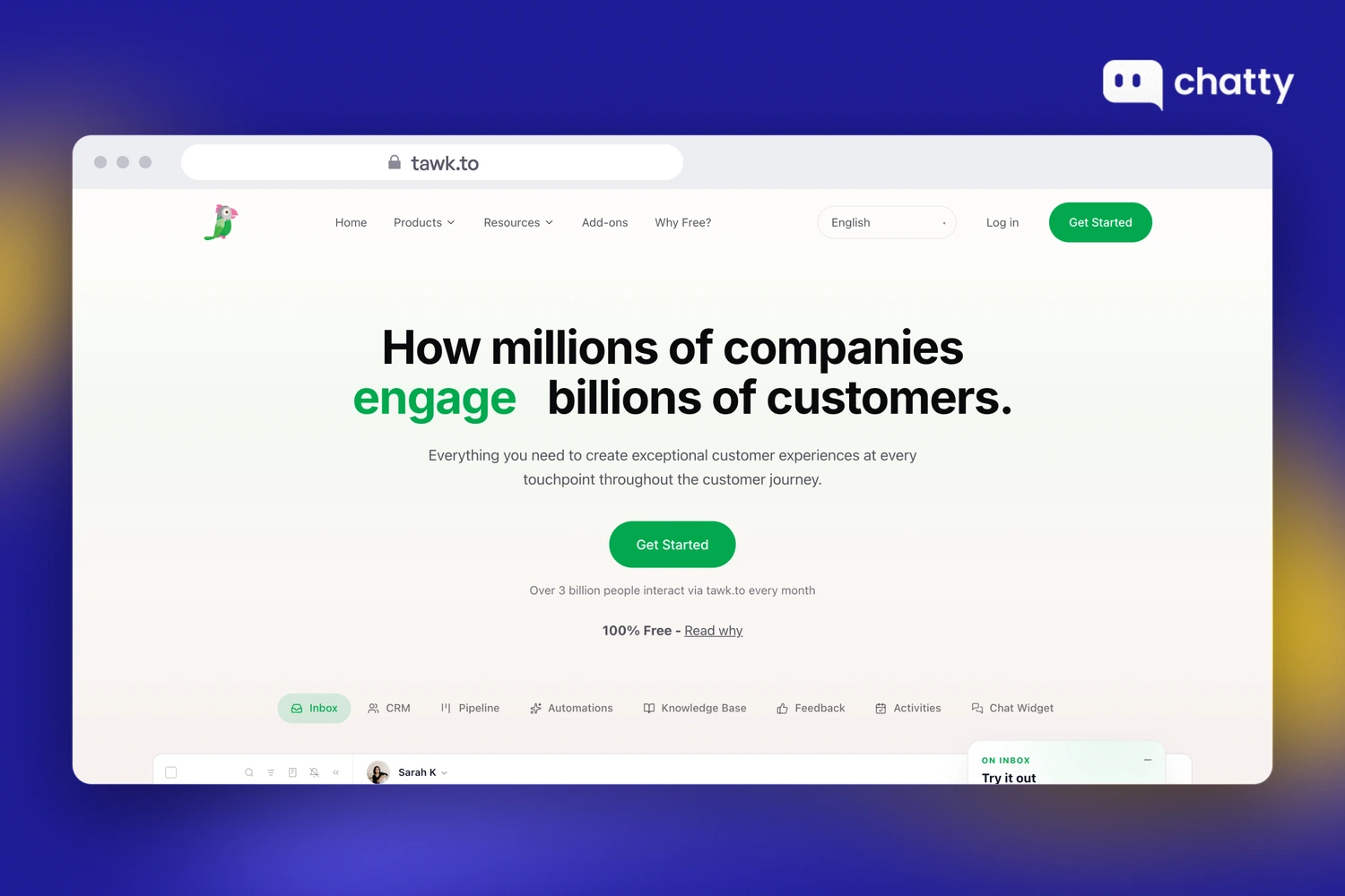 Homepage of tawk.to at tawk.to, free live chat software with unlimited agents