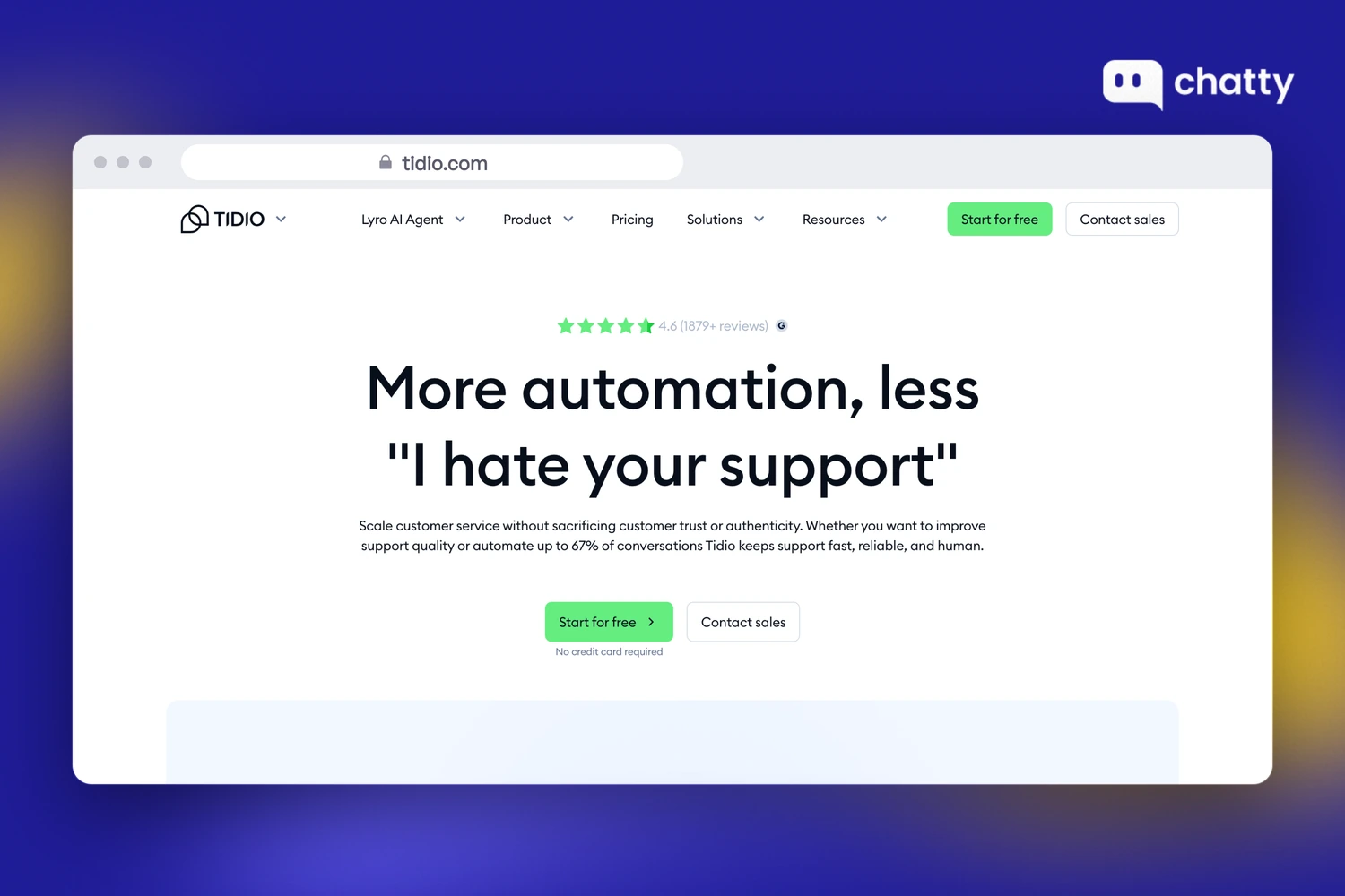 Homepage of Tidio at tidio.com, showing its Lyro AI customer service agent