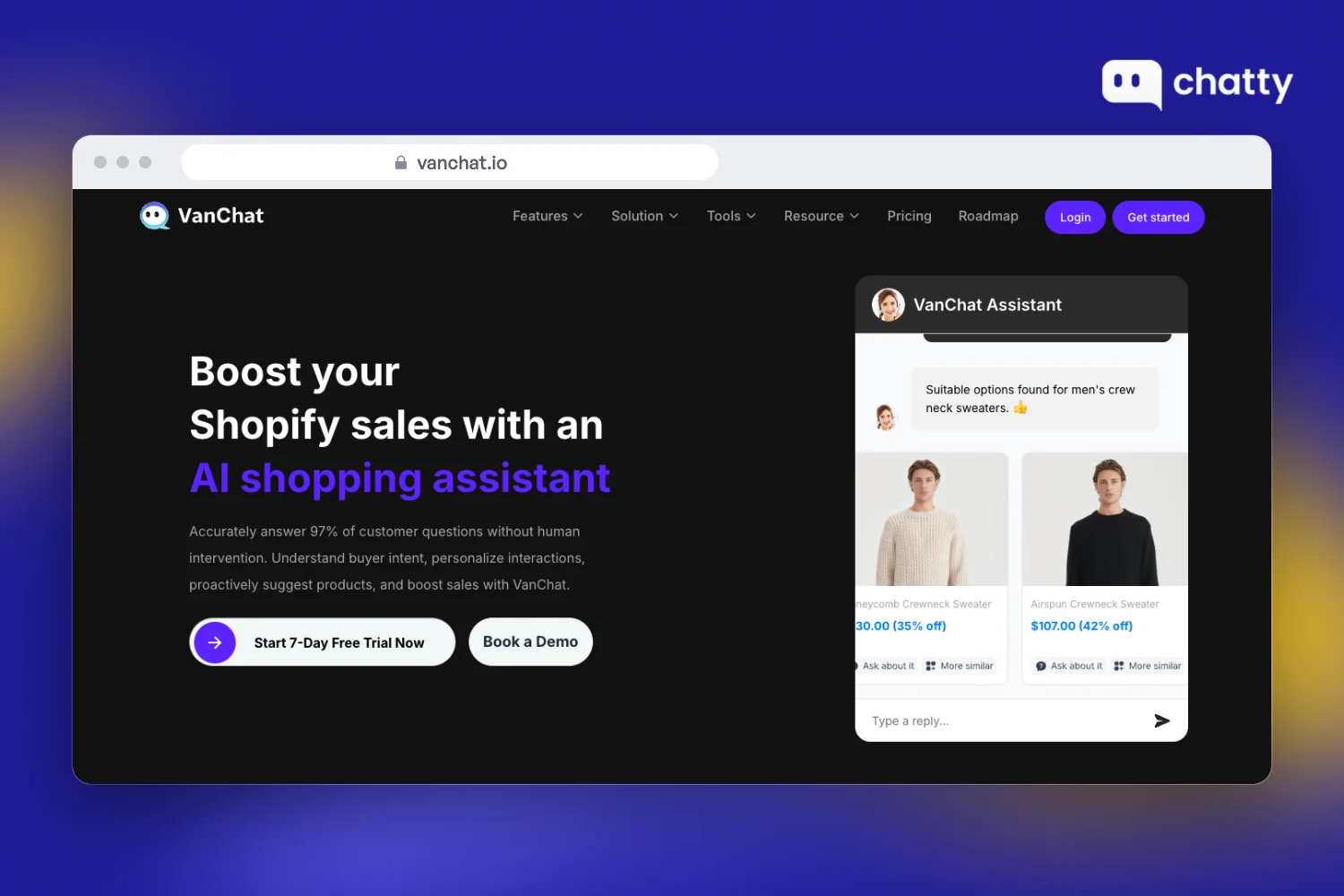 Homepage of VanChat at vanchat.io, an AI shopping assistant for Shopify