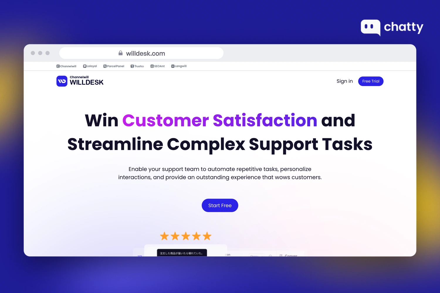Homepage of Willdesk at willdesk.com, a Shopify helpdesk and AI chatbot by Channelwill