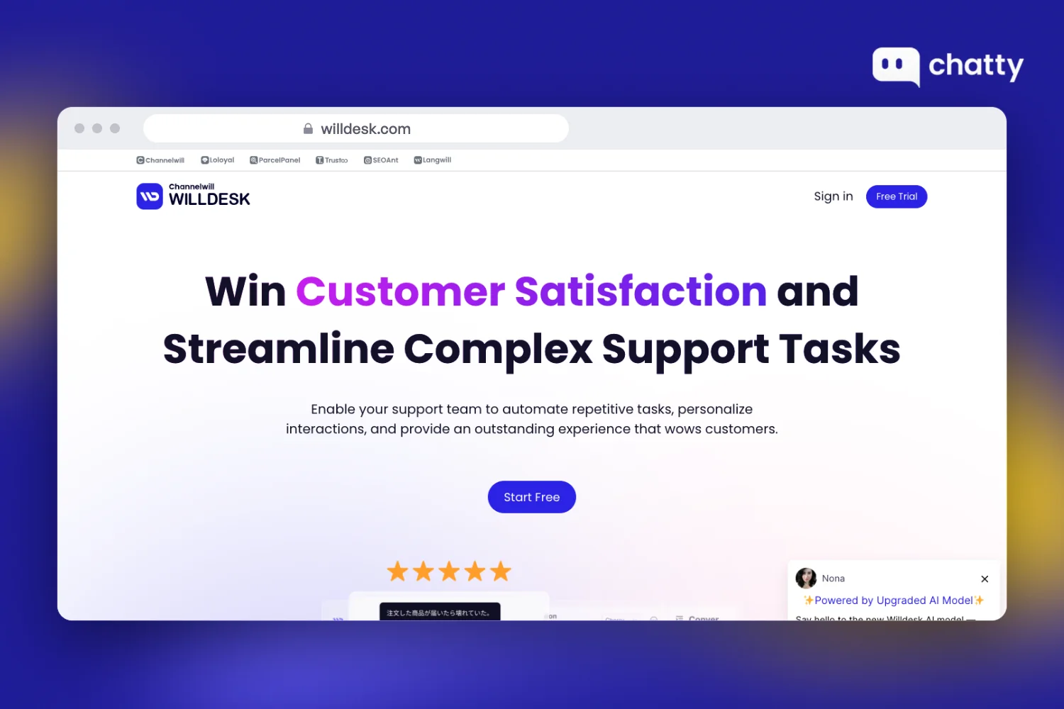 Homepage of Willdesk at willdesk.com, a Shopify helpdesk and AI chatbot by Channelwill