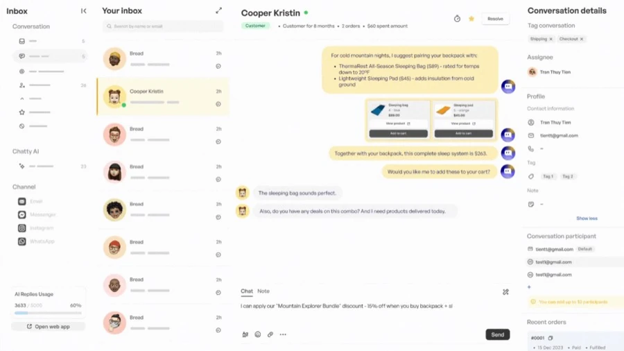 Chatty inbox showing an AI replies usage bar at 3,633 of 5,000 conversations