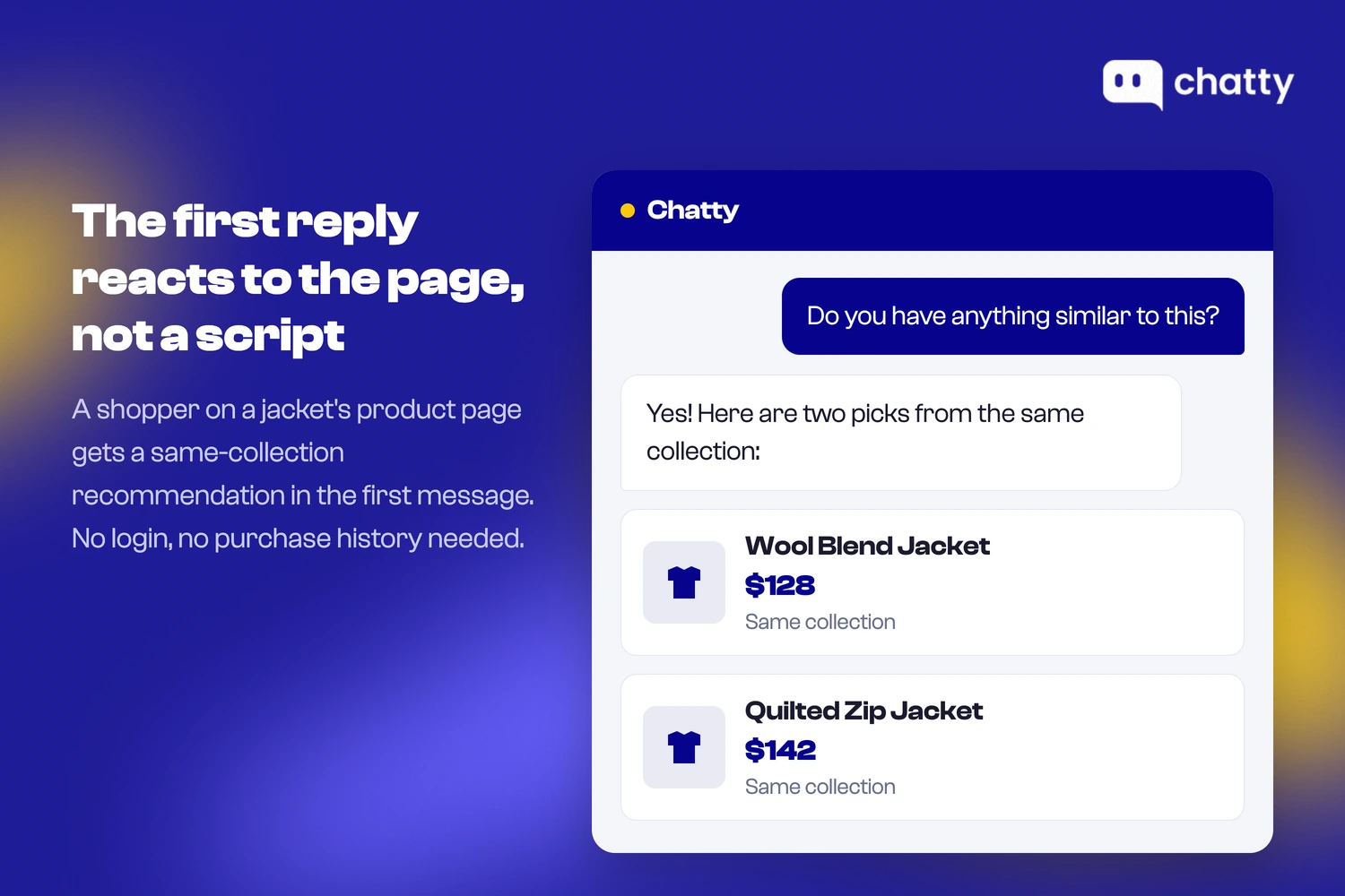 Chatty chat widget replying to "Do you have anything similar to this?" with two product cards from the same collection, each showing an image, name, and price