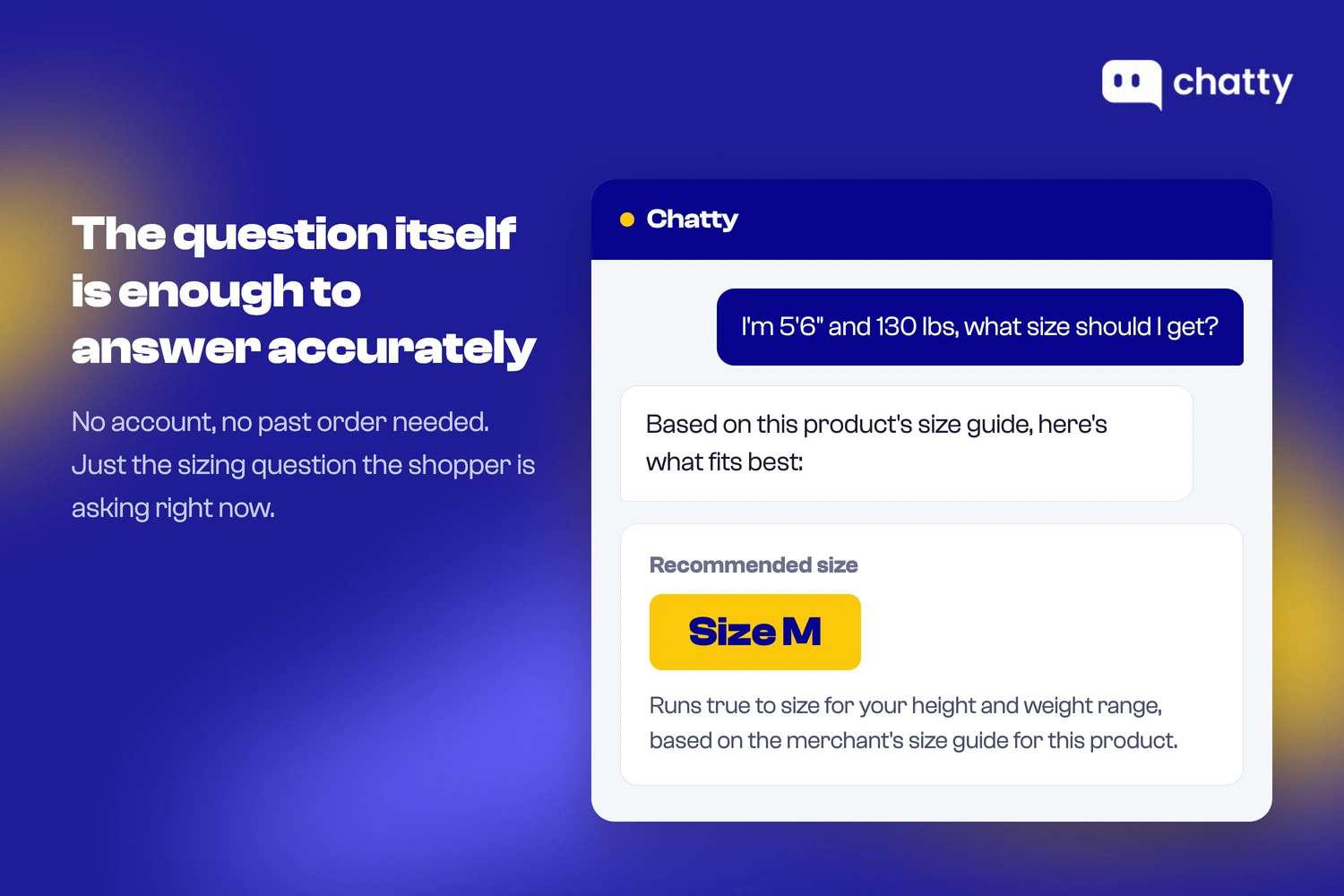 Chatty chat widget answering a shopper's height and weight sizing question with a recommended size and a note that it is based on the product's size guide