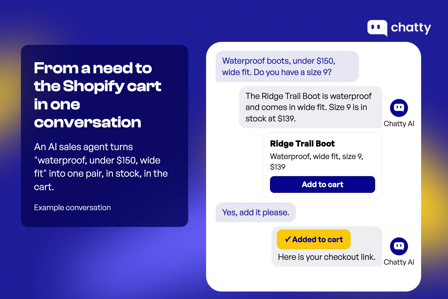 Example conversation where a shopper asks for waterproof wide-fit boots under $150 and the AI sales agent recommends one pair in stock, adds it to the cart and sends the checkout link