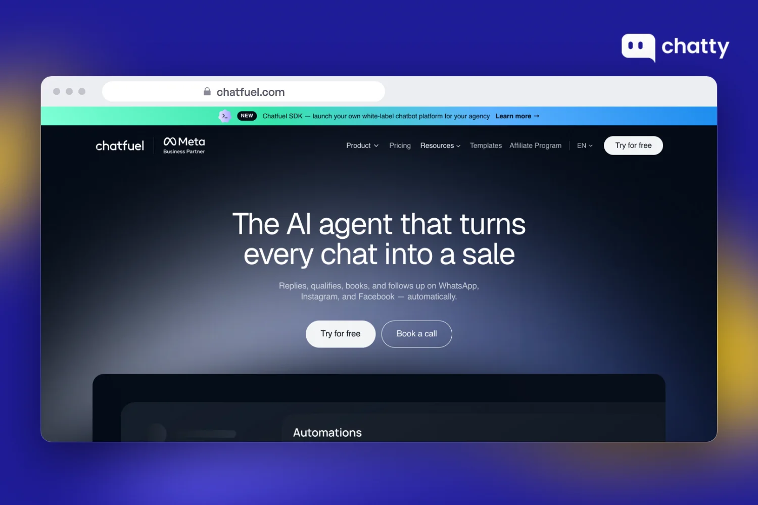 Homepage of Chatfuel at chatfuel.com, an AI agent for Instagram, WhatsApp and Facebook