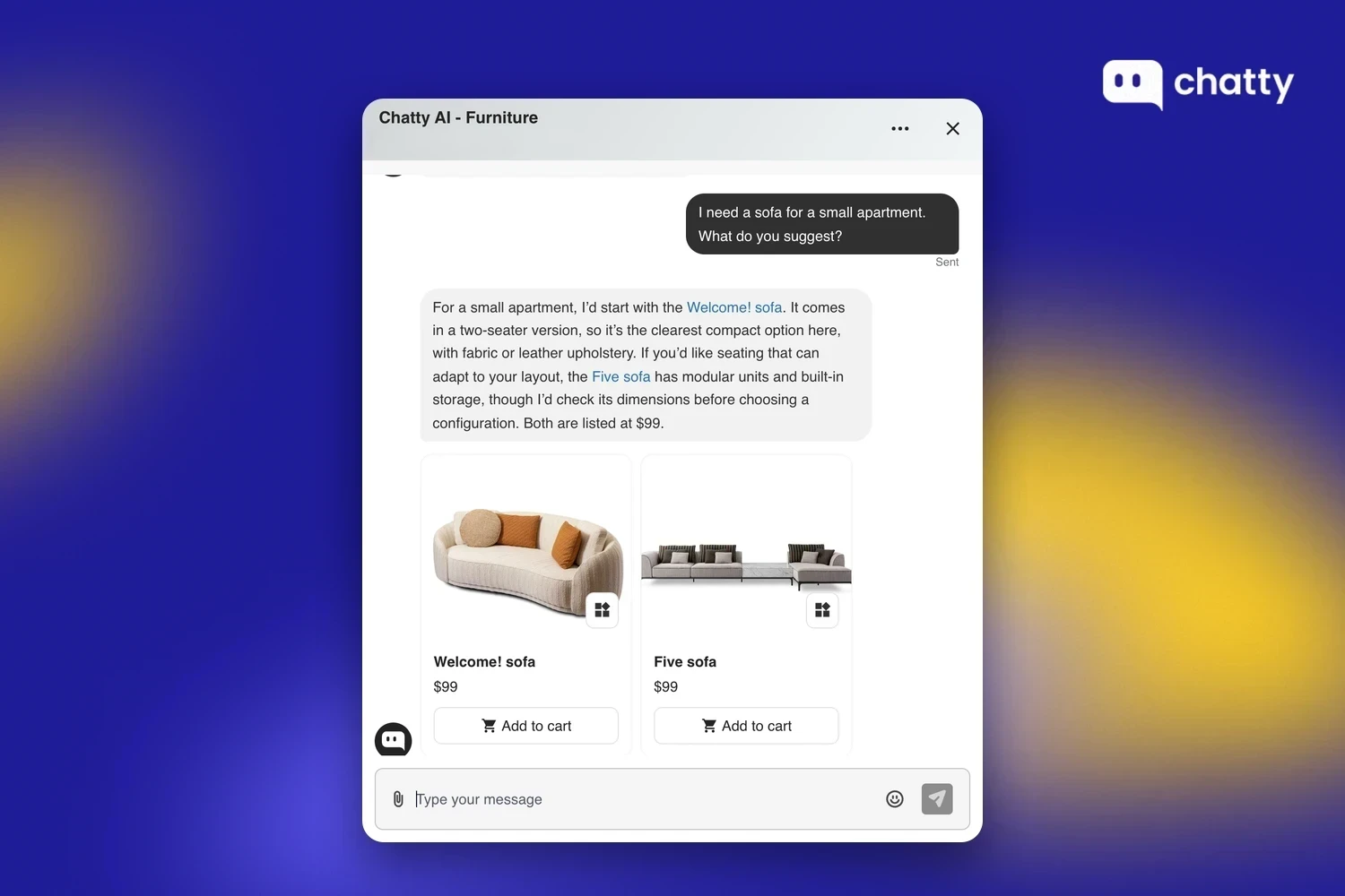 Chatty AI answering a Shopify shopper with product cards that have an Add to cart button inside the chat