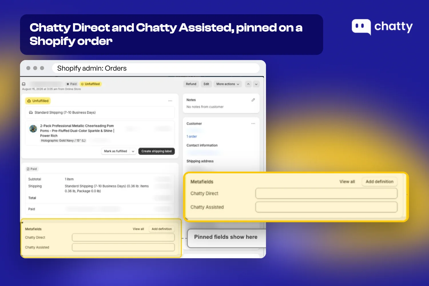 Shopify admin order page with the Chatty Direct and Chatty Assisted metafields pinned in the Metafields card
