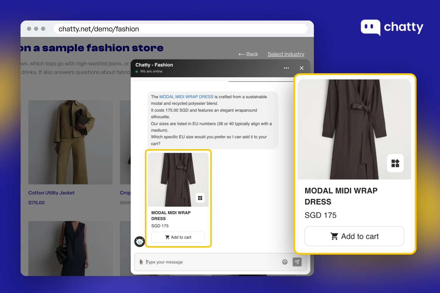 Chatty demo fashion store where the AI recommends a modal midi wrap dress with its price and shows a product card with an Add to cart button
