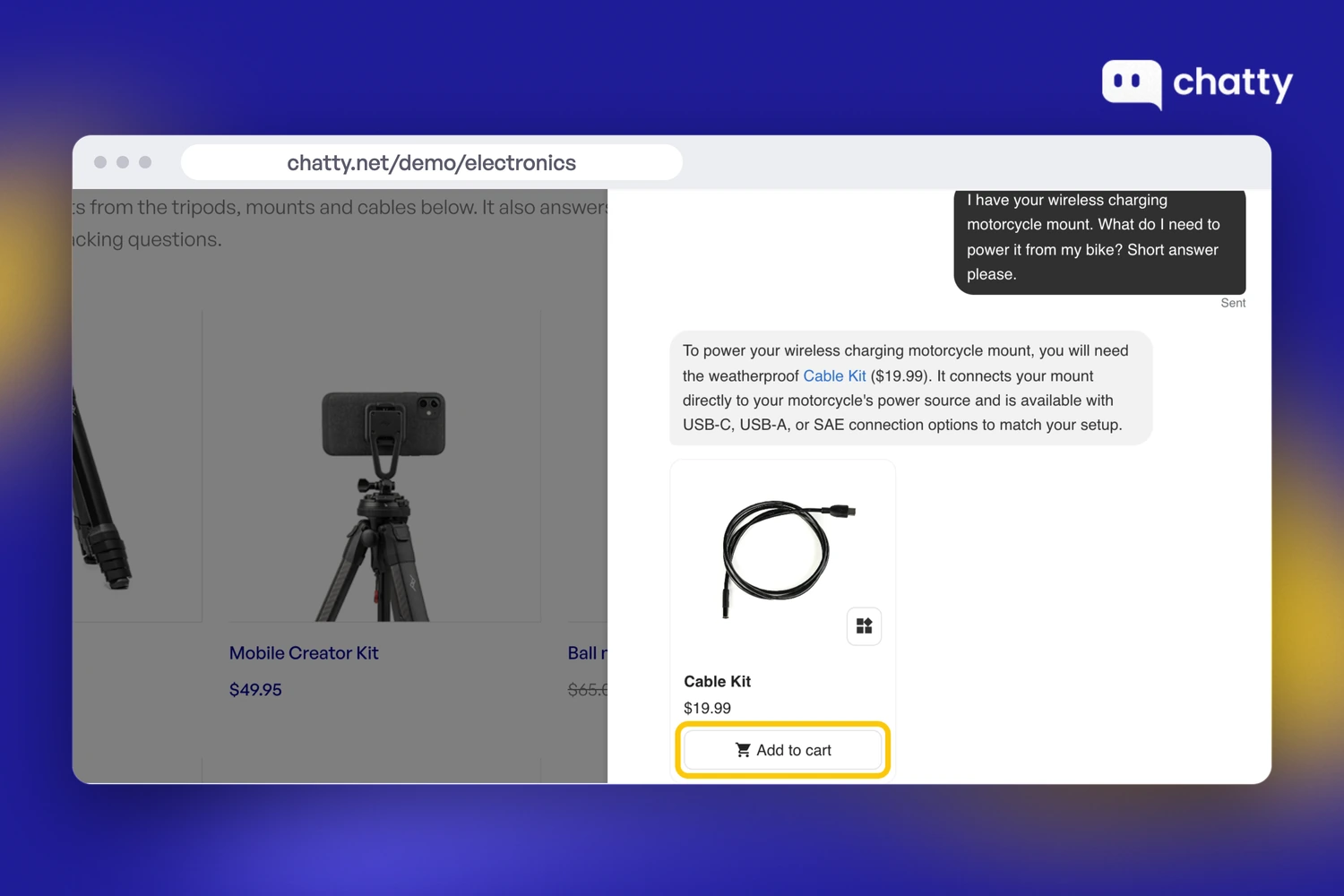 Chatty on the chatty.net electronics demo recommending the Cable Kit at $19.99 with an Add to cart button