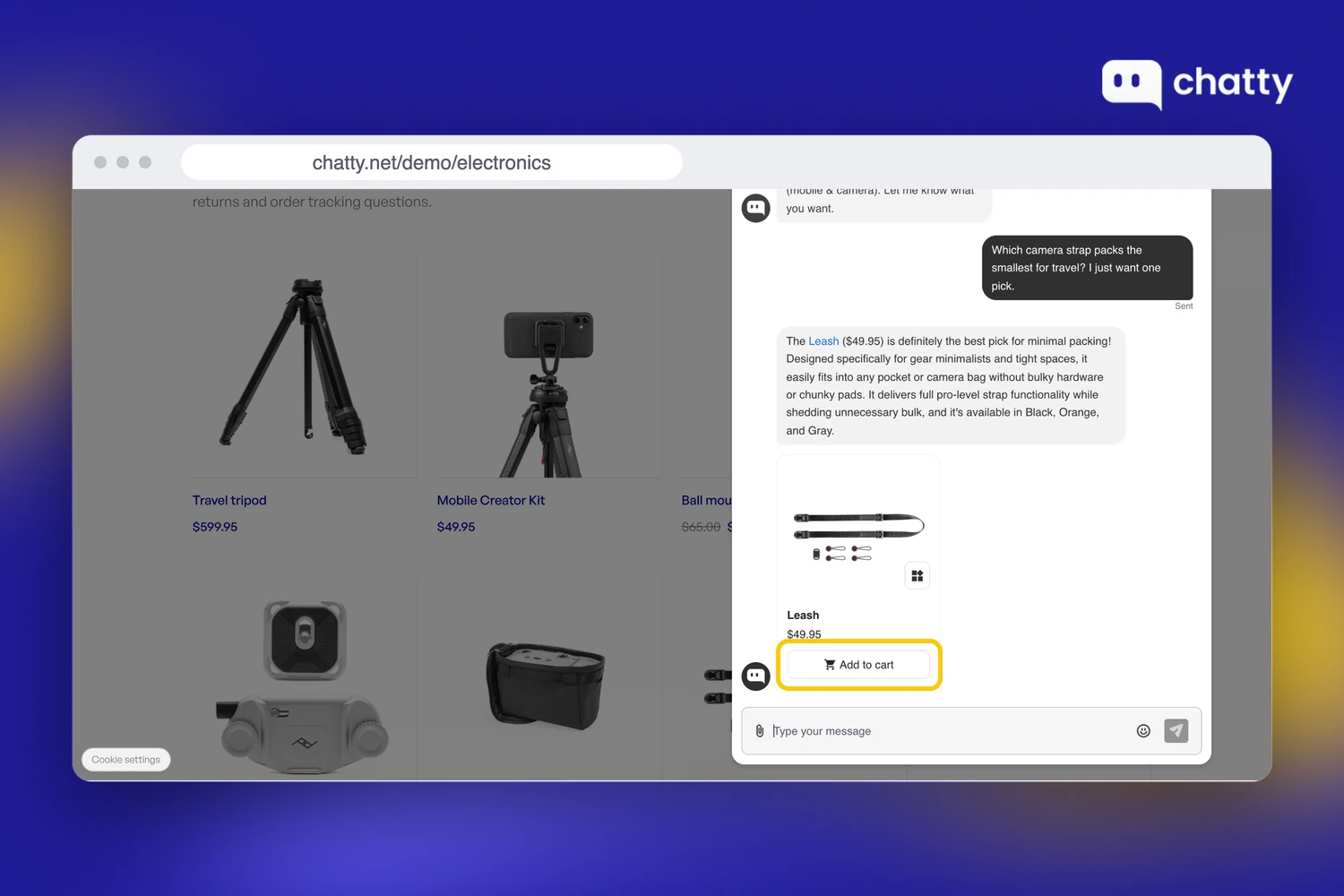 Chatty on the electronics demo store answering which camera strap packs smallest, recommending the Leash at $49.95 with its Add to cart button highlighted