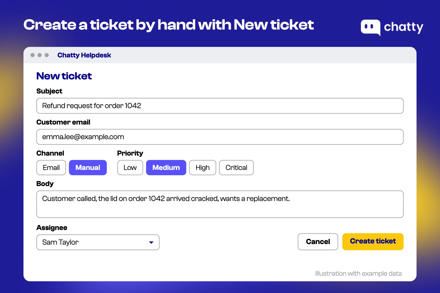 Illustration of the Chatty Helpdesk New ticket form with subject, customer email, channel, priority, body and assignee fields