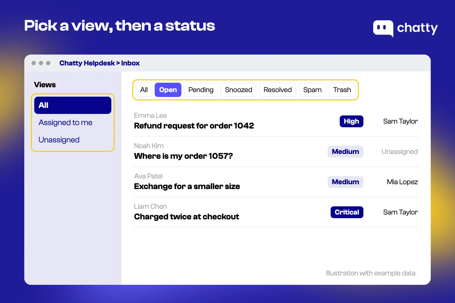 Illustration of the Chatty Helpdesk ticket list with the All, Assigned to me and Unassigned views and the Open, Pending, Snoozed, Resolved, Spam and Trash status filter