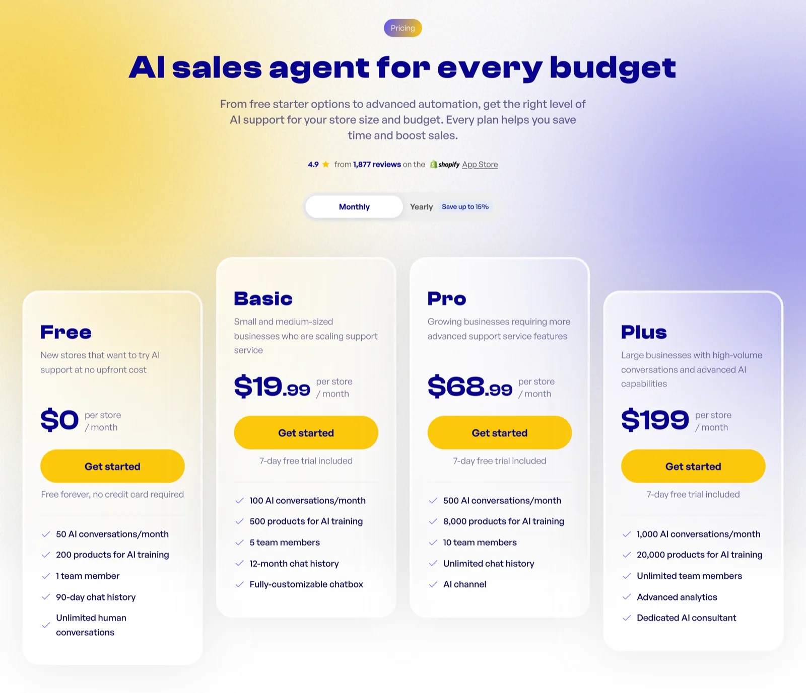 Chatty pricing page showing Free, Basic, Pro and Plus plans billed per store