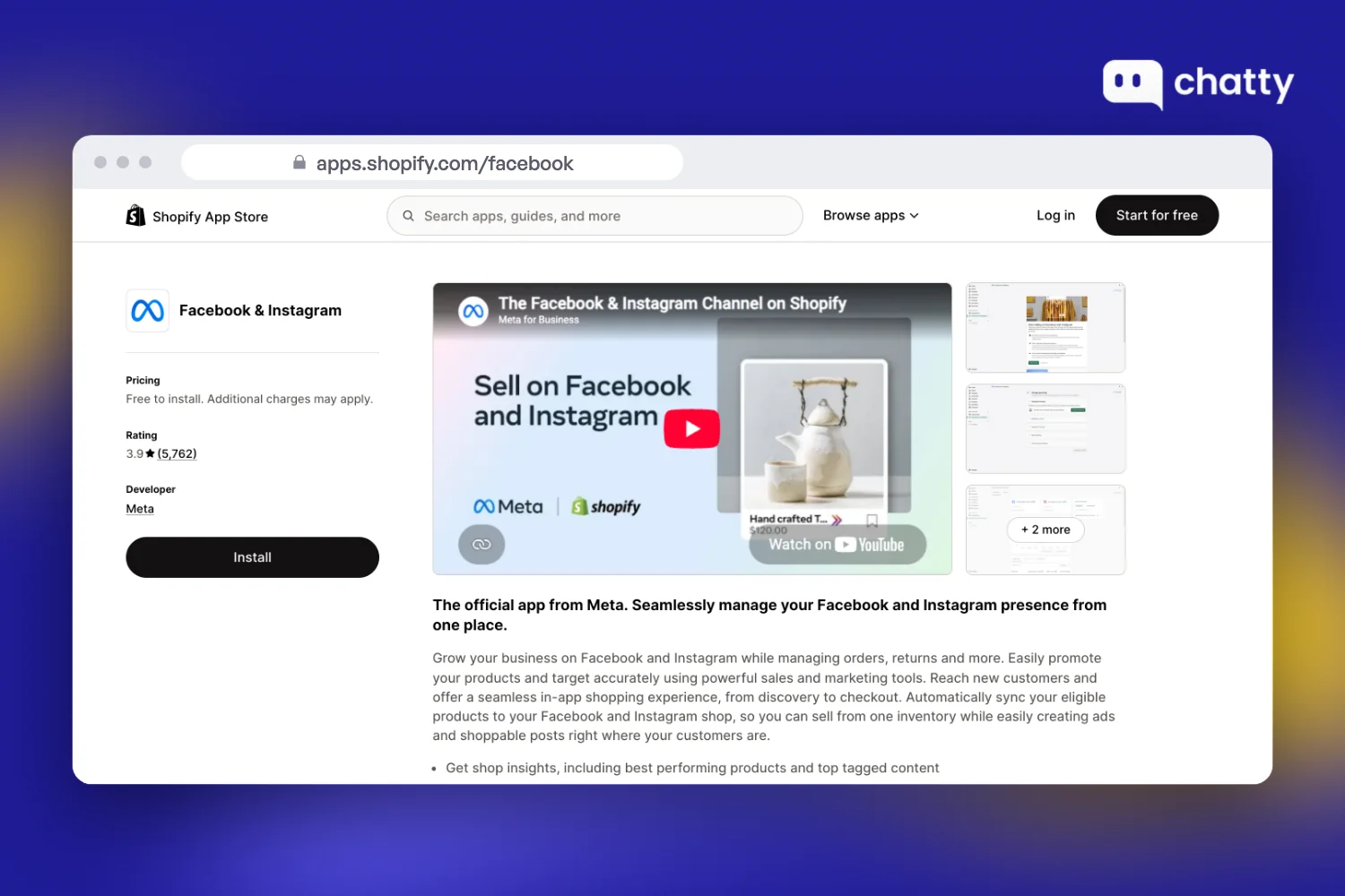 Shopify App Store listing of the Facebook and Instagram app by Meta