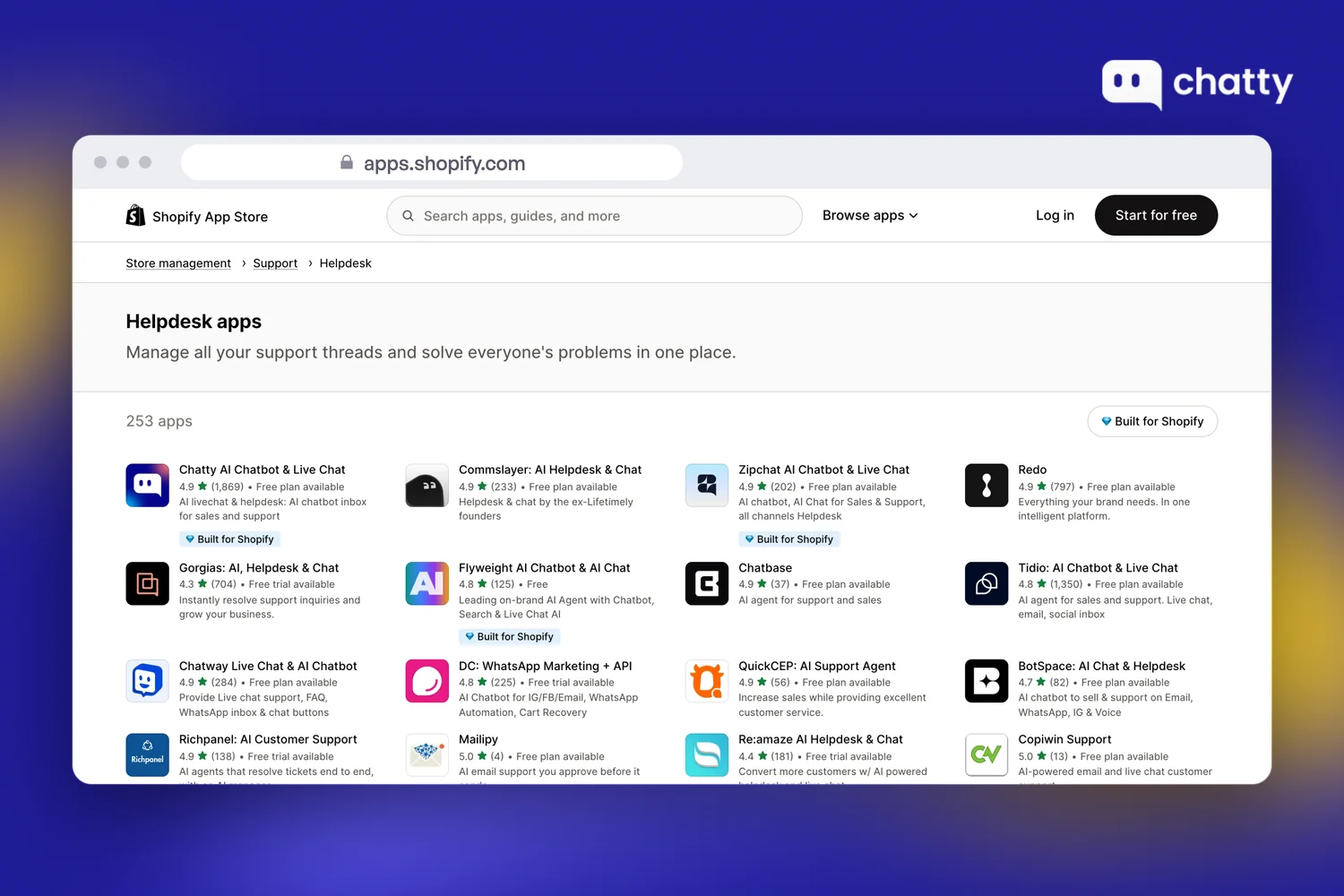 Shopify App Store Helpdesk category page on 6 October 2026, with several helpdesk apps marked Free plan available