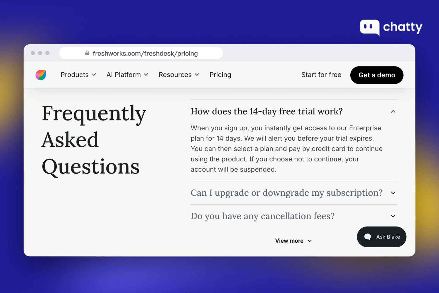 Freshdesk pricing FAQ explaining that the 14-day free trial gives access to the Enterprise plan and the account is suspended if you do not continue