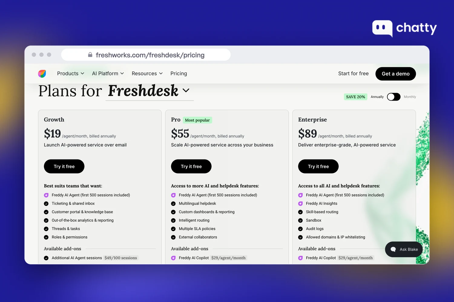 Pricing page of Freshdesk at freshworks.com, billed per agent with Growth at $19 per agent per month on annual billing