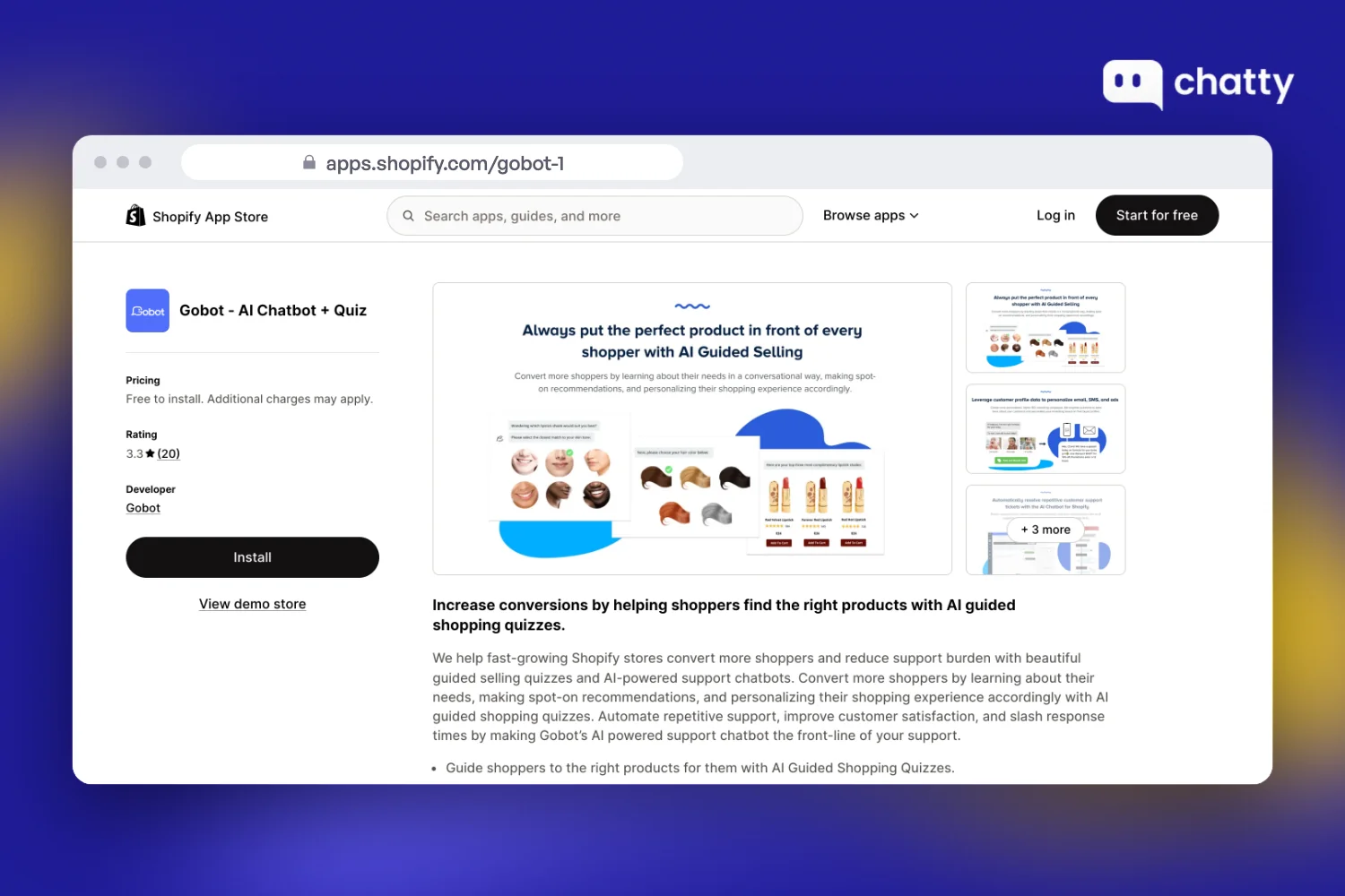 Shopify App Store listing of Gobot, an AI chatbot and product quiz app