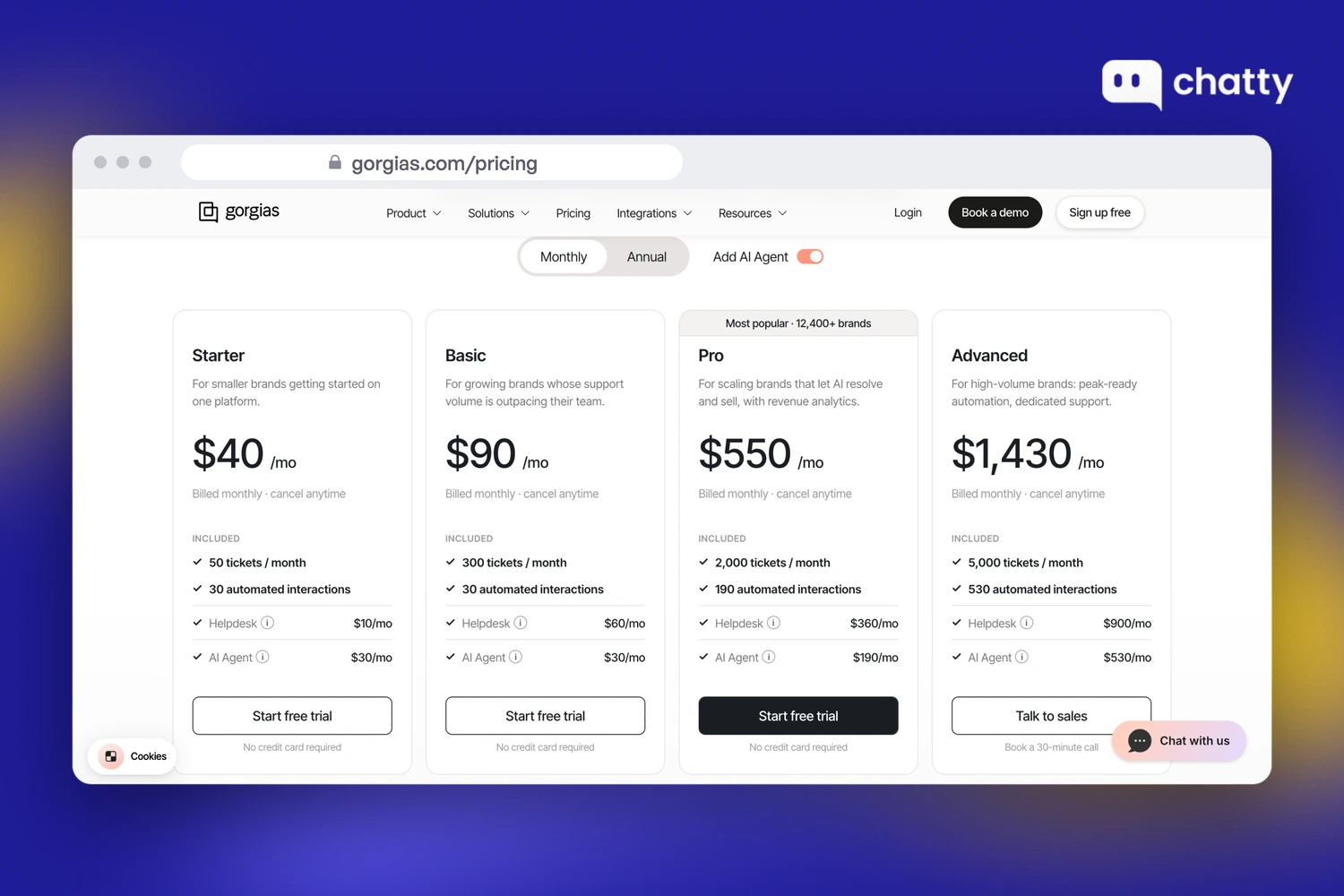 Pricing page of Gorgias at gorgias.com/pricing, showing Starter at $40 a month with AI Agent, split into Helpdesk at $10 and AI Agent at $30, with 50 tickets a month and a free trial