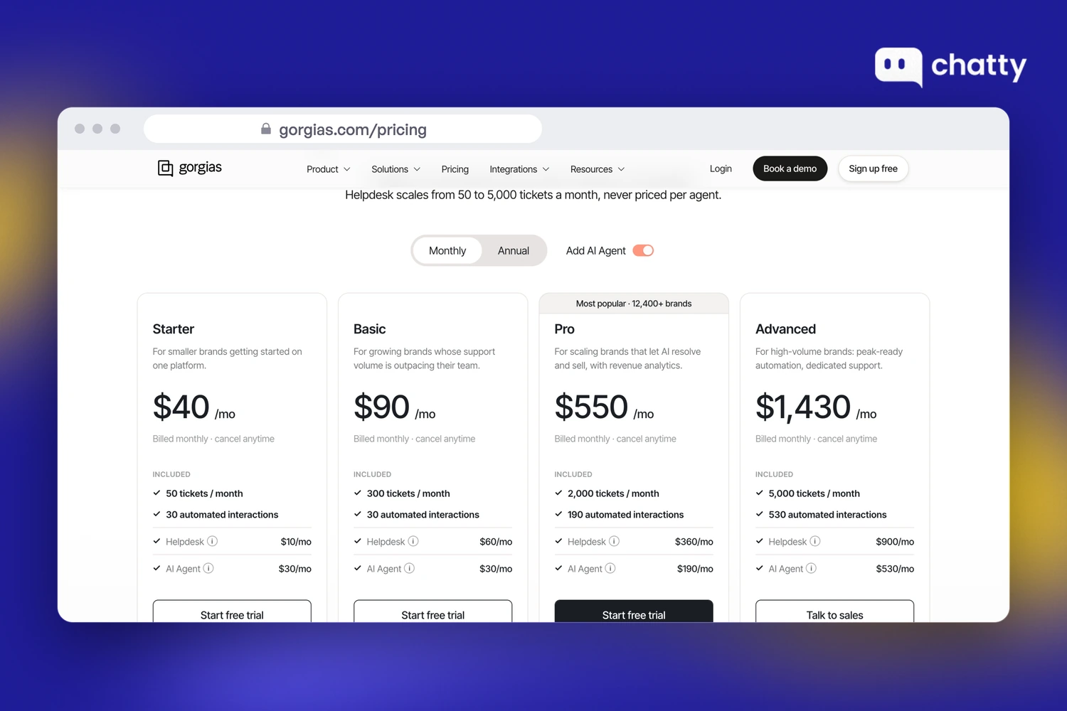Gorgias pricing page showing Starter, Basic, Pro and Advanced plans with 50, 300, 2,000 and 5,000 tickets a month and the helpdesk and AI Agent price for each